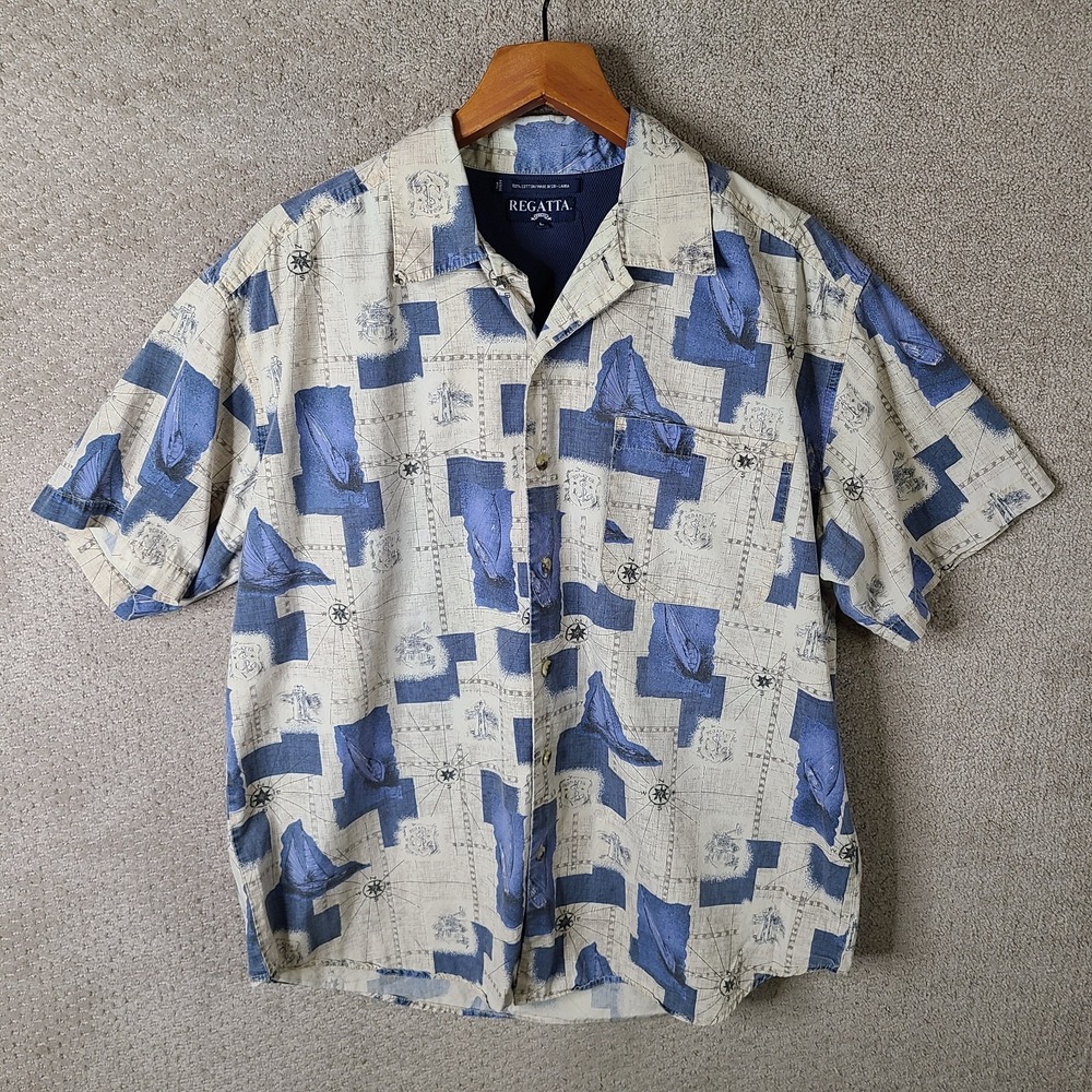 Vintage Regatta Shirt Mens L Beige Blue Button Down Sailing Nautical Boat Print‎